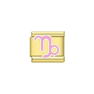 Primo piano di un charm italiano dorato da 9 mm con simbolo rosa del Capricorno
