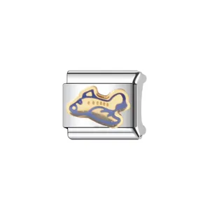 Detail of stainless steel Italian charm link featuring a blue and gold enameled airplane design