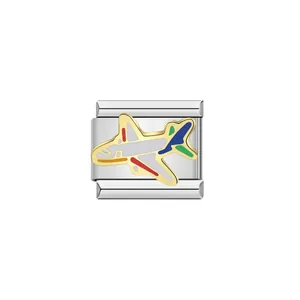 Detailed view of stainless steel Italian charm link with a colorful airplane design