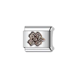 Detail of a silver Italian style DIY charm link with a sparkling four-leaf clover design