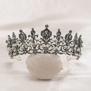 Vintage black crystal Baroque bridal tiara with elegant grey stones detail view
