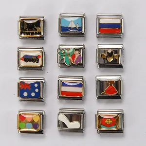 Collection of 12 stainless steel modular charms featuring flags, hearts and flowers.