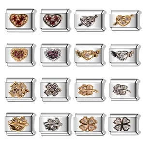 Variety of Italian charm bracelet links with hearts, clovers and wings patterns