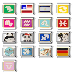Colección de dijes modulares italianos con signos del zodiaco y banderas para joyas