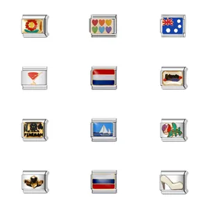 Detailed view of various stainless steel Italian modular charms with colorful patterns