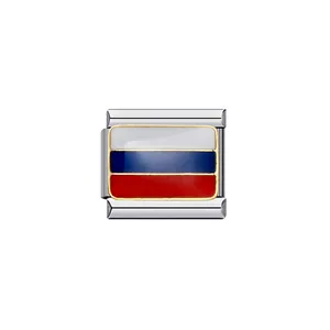 Close-up of a stainless steel Italian charm link featuring the Russian flag enamel