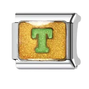 Stainless steel Italian charm bracelet link featuring green letter T on yellow glitter