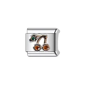 Detailed view of stainless steel Italian charm with a sparkling crystal cherry design