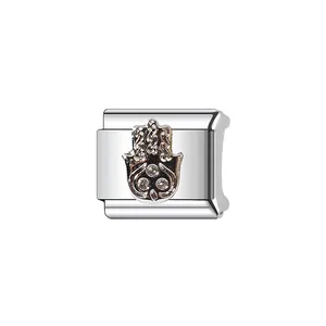 Detailed view of a stainless steel Hamsa hand charm for Italian modular bracelets.
