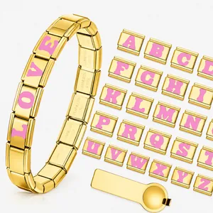 Stainless Steel Italian Charm Link Gold Plated Pink Enamel Alphabet Letter For DIY Personalized Modular Bracelet Accessory