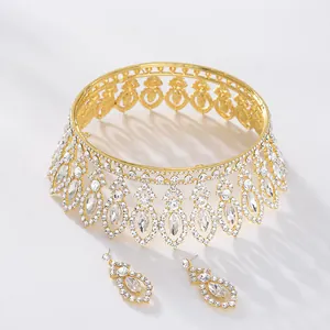 Luxurious baroque gold bridal crown tiara and matching clear rhinestone earrings set