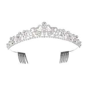 Elegante corona tiara da sposa in argento con strass di cristallo e pettini per capelli