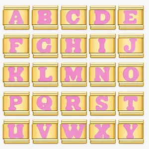 Gold plated stainless steel Italian charm links with pink enamel alphabet letters A-Y