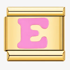 Premium gold plated Italian charm featuring a pink enamel letter E for modular bracelets