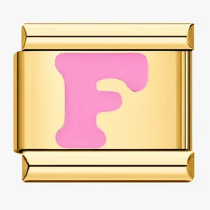 Professional gold-plated stainless steel Italian charm with pink enamel letter F design.