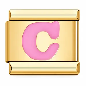 Gold-plated Italian charm module featuring a pink enamel letter C for DIY bracelets