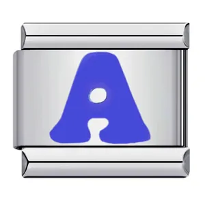 High-quality stainless steel Italian charm link featuring a bold blue letter A initial.