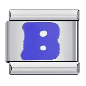 Modular polished silver stainless steel Italian charm link with a vivid blue letter B