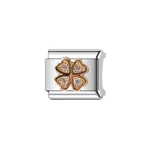 Detailed view of rose gold heart clover charm with crystals for modular Italian bracelets