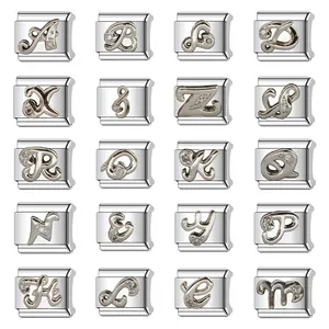 Selection of stainless steel Italian charm links with cursive alphabet letters