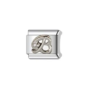 Detailed close-up view of silver stainless steel Italian charm link with cursive letter B