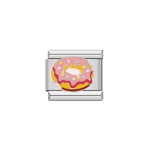 Vista dettagliata di un charm modulare italiano in acciaio inox con motivo a ciambella colorata.