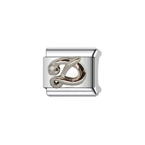Close-up detail of a silver stainless steel Italian modular charm link with crystal-set letter D