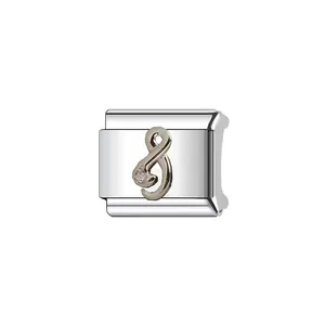 Detail of stainless steel Italian modular bracelet link with silver infinity charm.