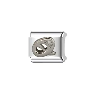 Detailed close-up of a silver stainless steel Italian modular charm link featuring a letter.