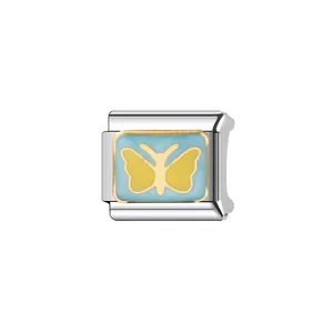 Makroansicht eines italienischen Charm-Moduls mit gelbem Schmetterling auf Emaille.