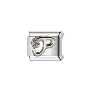 Detailed view of silver stainless steel Italian charm link featuring a crystal letter P