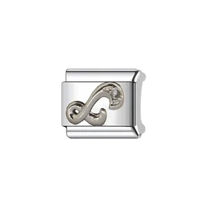 Detailed macro view of silver stainless steel Italian modular charm with letter design