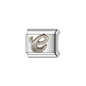 Detailed view of silver stainless steel Italian charm featuring stylized letter e with stones