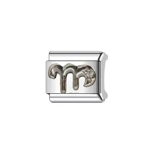 Close-up detail of silver stainless steel Italian charm link with letter M and crystal