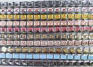 Detailed view of various stainless steel DIY Italian module charms with colorful designs.