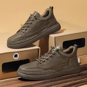 Stylish premium men's leather casual sneakers in olive brown with thick durable rubber sole
