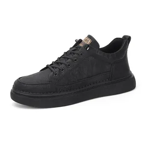 Classic black men's genuine leather sneakers with soft sole for casual daily comfort