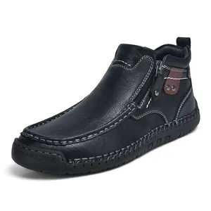 Men's handmade leather Martin boots featuring side zipper and contrast stitching detail