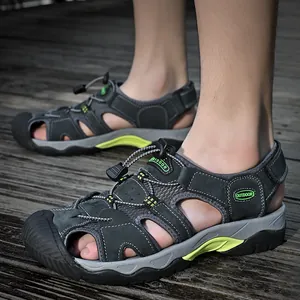 Durable men's outdoor leather closed-toe sandals for summer hiking and beach activities