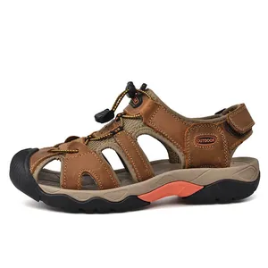 Men's outdoor genuine leather closed-toe sandals with adjustable drawstring and rubber sole