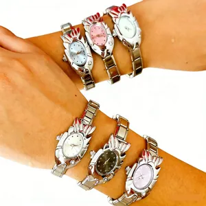 Variety of stylish women's steel band watches with unique oval faces on two wrists