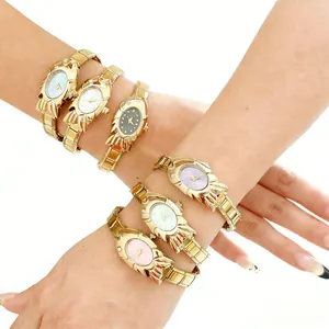 Vintage Women's Quartz Watch Irregular Fish Shell Shape Case Gold Tone Alloy Rhinestone Decorative Fashion Dress Wristwatch