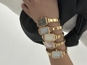 Set of five elegant square quartz watches for women with colorful glitter dials and gold straps.