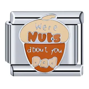 Detailansicht eines Edelstahl-Charm-Anhängers mit 'Nuts about you Dad'-Schriftzug