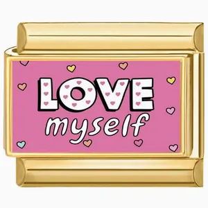 Detail of golden modular charm link with LOVE myself text and pink heart design