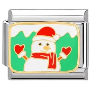 Makro-Detail des Weihnachts-Schneemann-Emaille-Links für modulares Stahlarmband