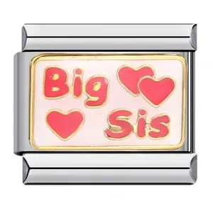 Close-up detail of stainless steel Italian modular charm featuring Big Sis and red hearts
