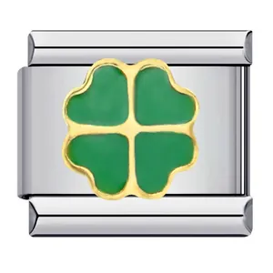 Macro-opname van een groen klavertje vier van emaille op een modulaire roestvrijstalen schakel.