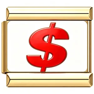 Macro detail of a polished gold-tone stainless steel modular charm with a red dollar sign