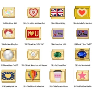 Eslabón de Charm Italiano de Acero Inoxidable Chapado en Oro para Pulsera DIY Corazón de Esmalte Estrella Patrón Floral Joyería de Moda para Mujer